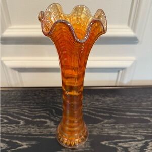 Carnival Glass Flower Vase Ruffled Marigold Iridescent